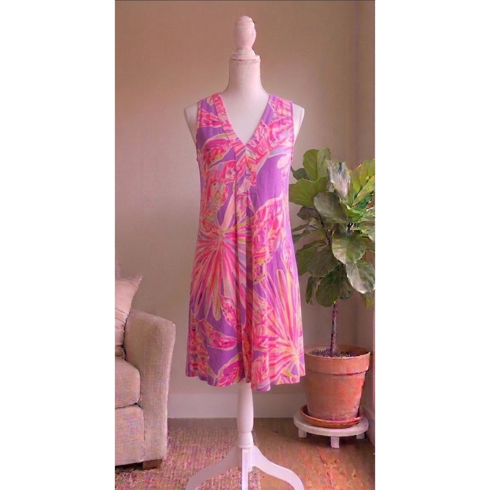Lilly Pulitzer Shift Dress XS Pink Palm Print Pima Cotton Resortwear Palm Beach